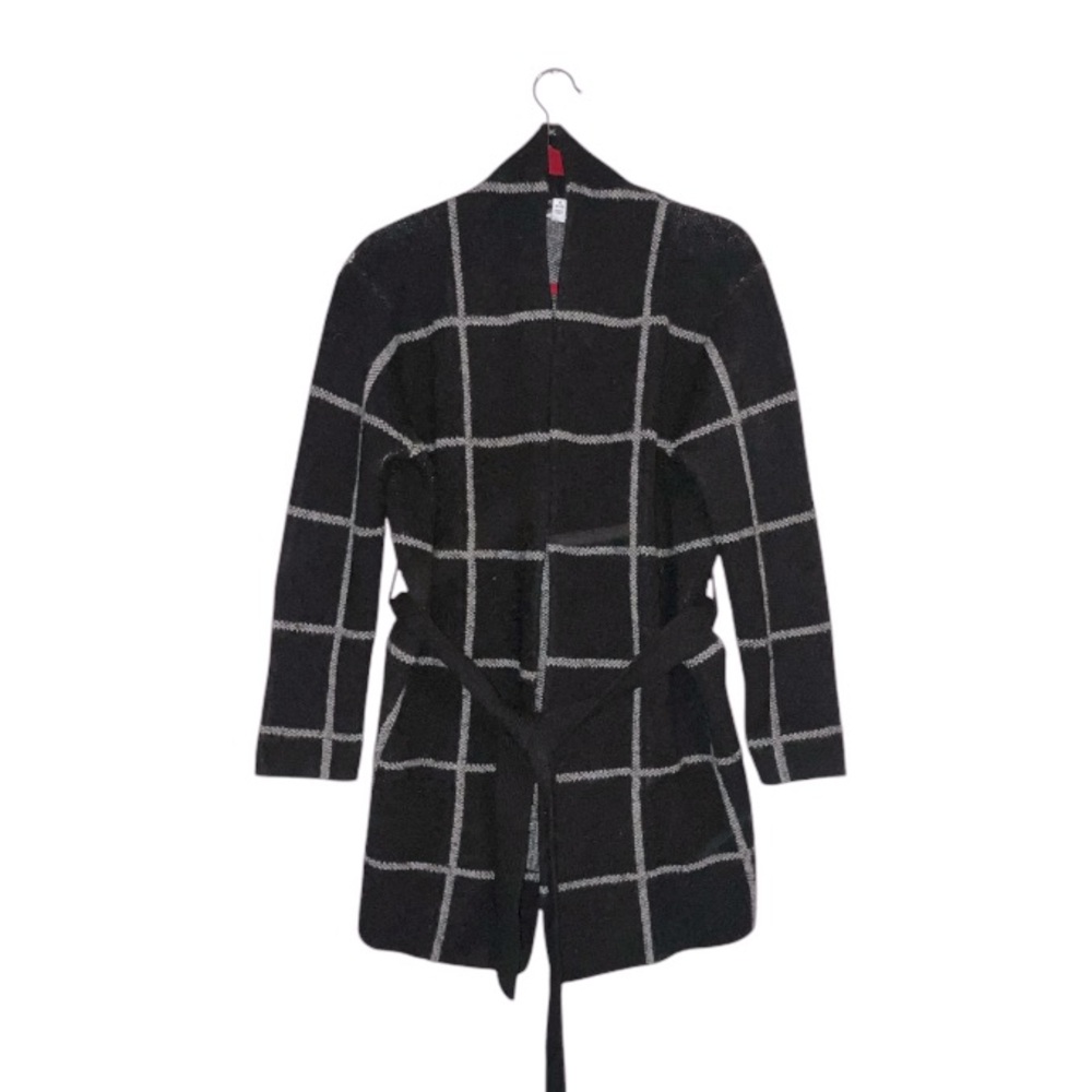 Time And Tru Black Plaid Cardigan Sweater Belted Waist Pockets Size Medium